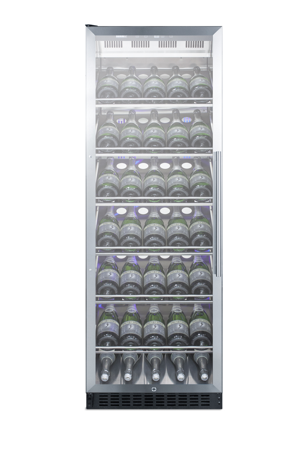 Full-size commercially listed wine cellar with stainless steel interior, champagne shelving, digital controls, self-closing glass door, and stainless steel cabinet